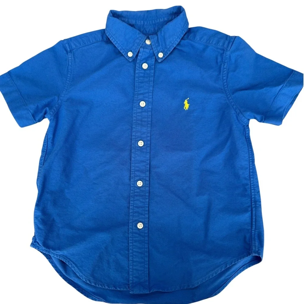 Ralph Lauren Boys Blue Short Sleeve Oxford Button Down Shirt Size 4 4T Pony